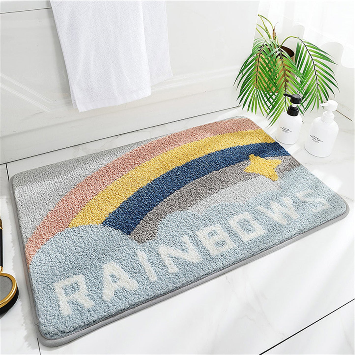 Space rainbow bath mat colorful cute bathroom decor