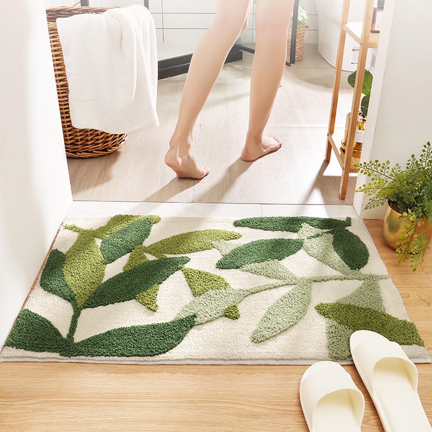 Tropical leaves bath mat colorful cute bathroom decor