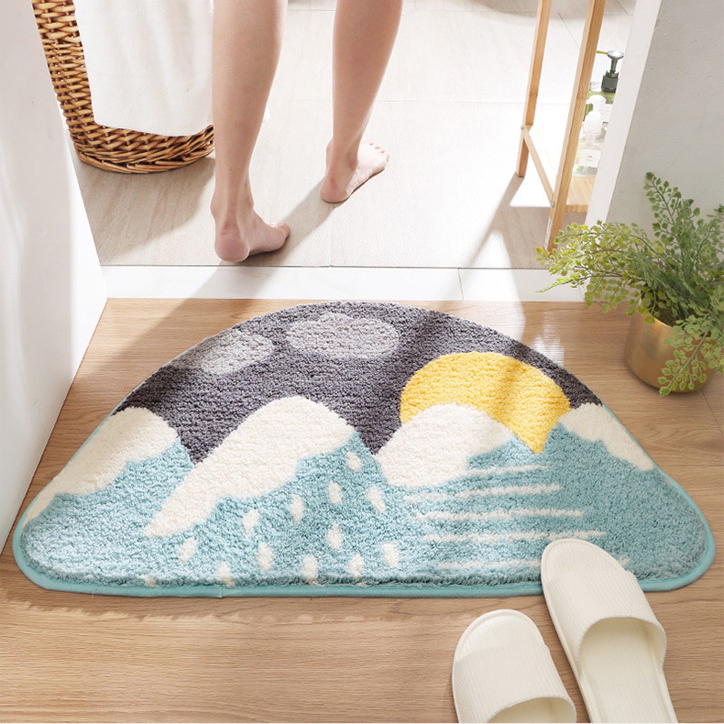 Snow mountain sunrise half round bath mat colorful cute decor bathroom rug