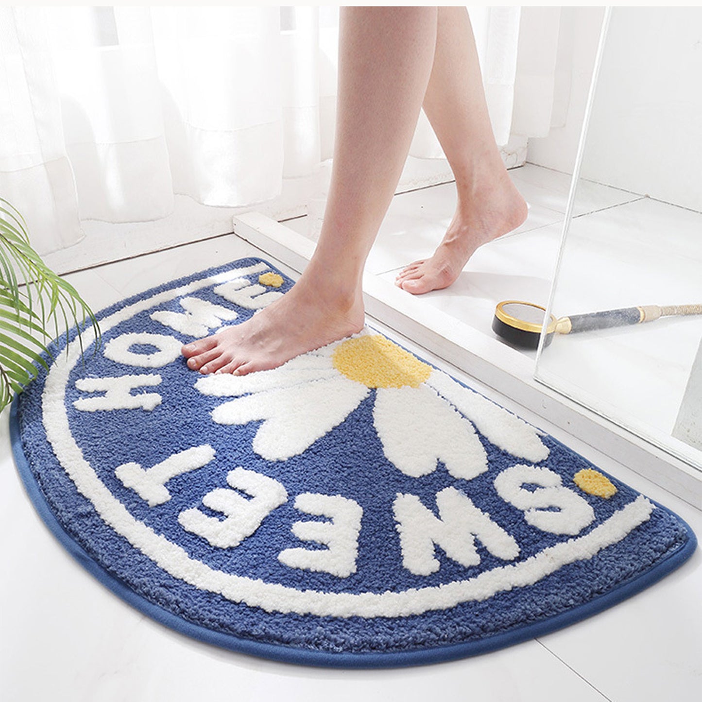 Half round daizy flower bath mat colorful cute bathroom decor