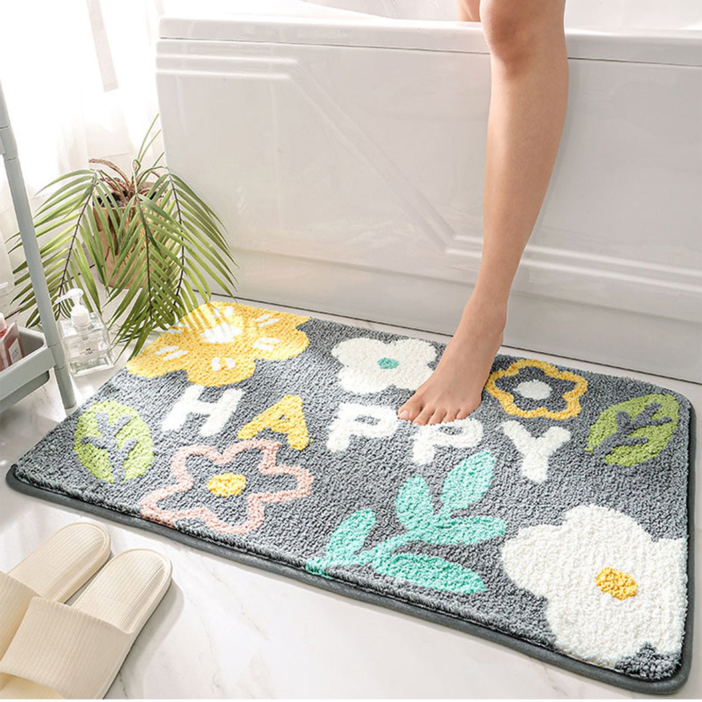 Happy flower bath mat colorful cute bathroom decor