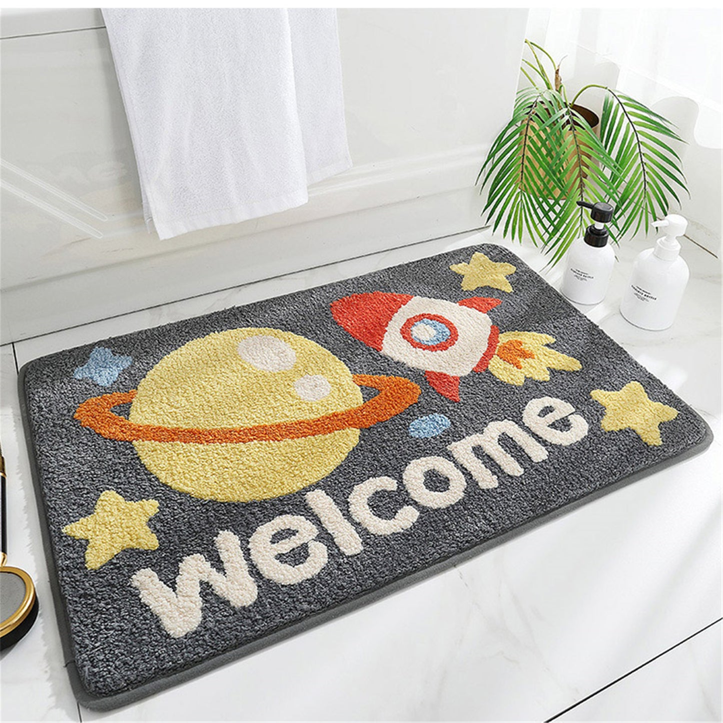 Space universe welcome bath mat colorful cute bathroom decor