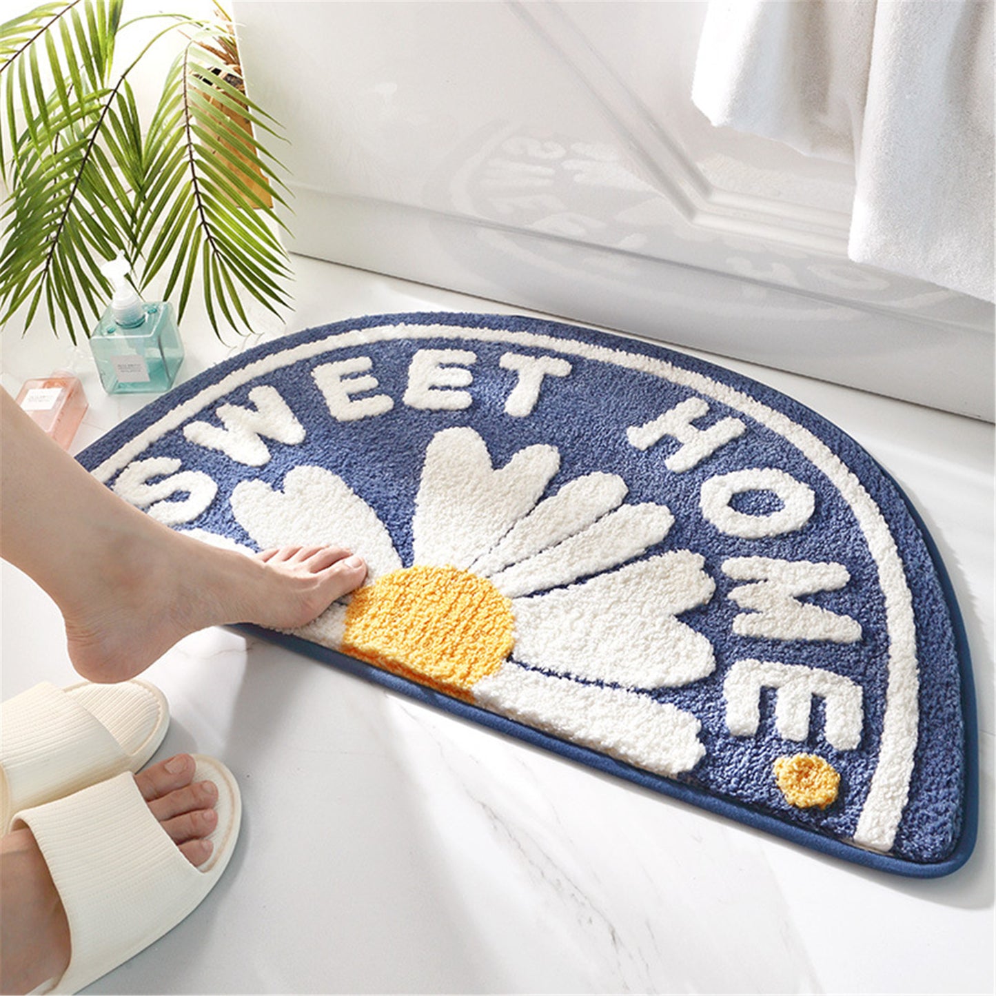 Half round daizy flower bath mat colorful cute bathroom decor