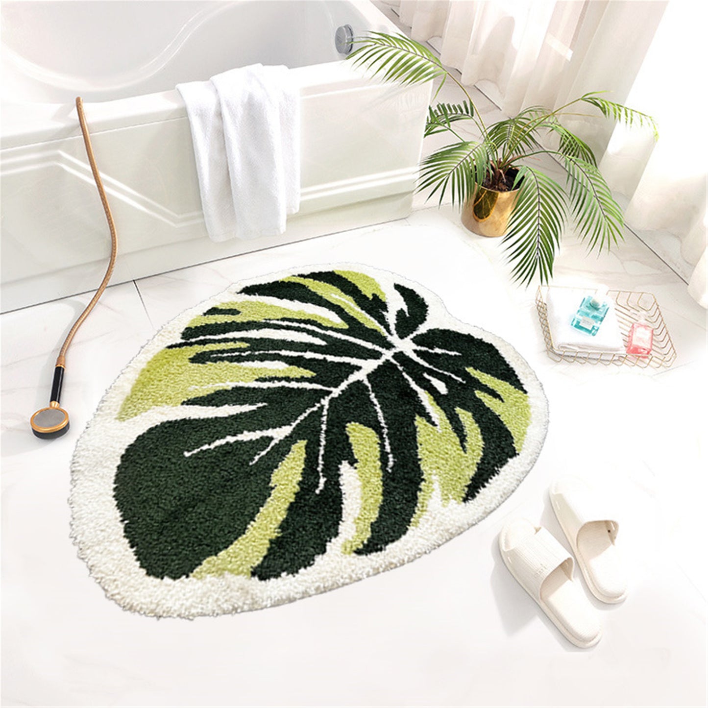 Monstera-leaf shape bath mat colorful cute bathroom decor