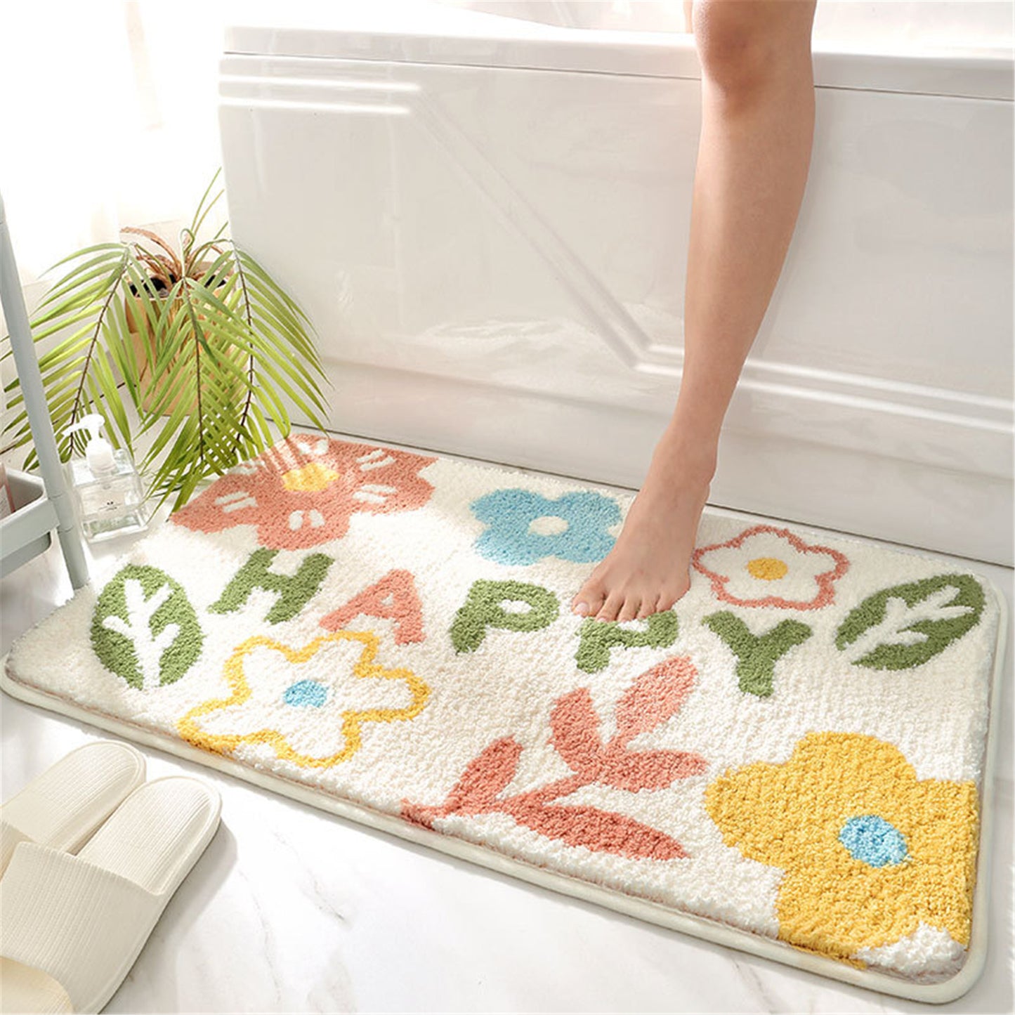 Happy flower bath mat colorful cute bathroom decor