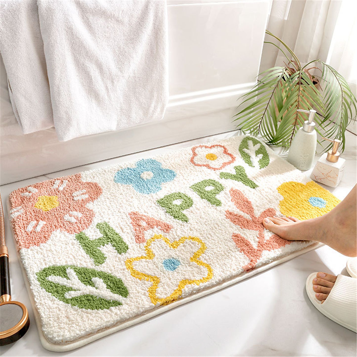 Happy flower bath mat colorful cute bathroom decor