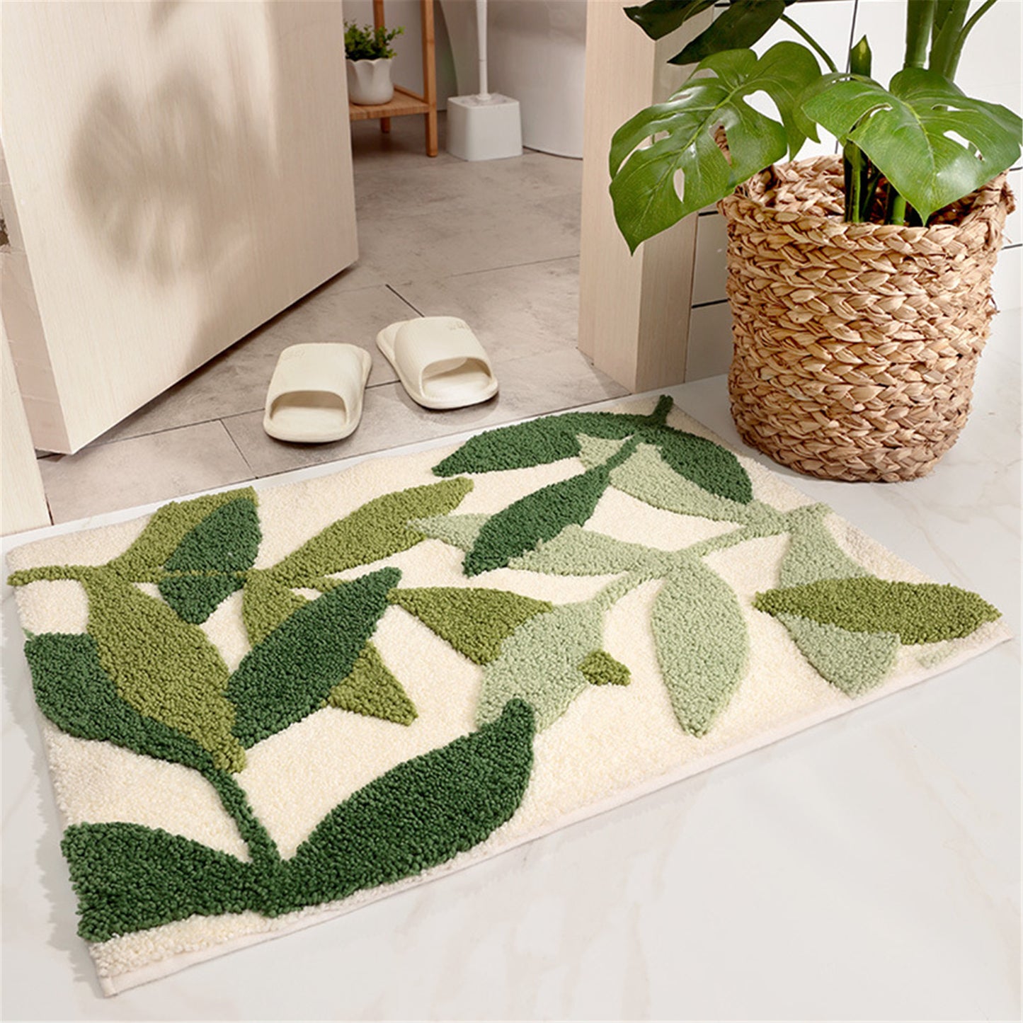 Tropical leaves bath mat colorful cute bathroom decor